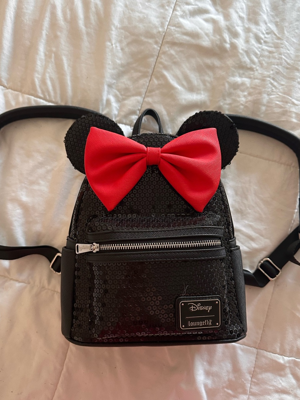 Loungefly x Disney Black Sequin Minnie Mouse Backpack with Red Bow